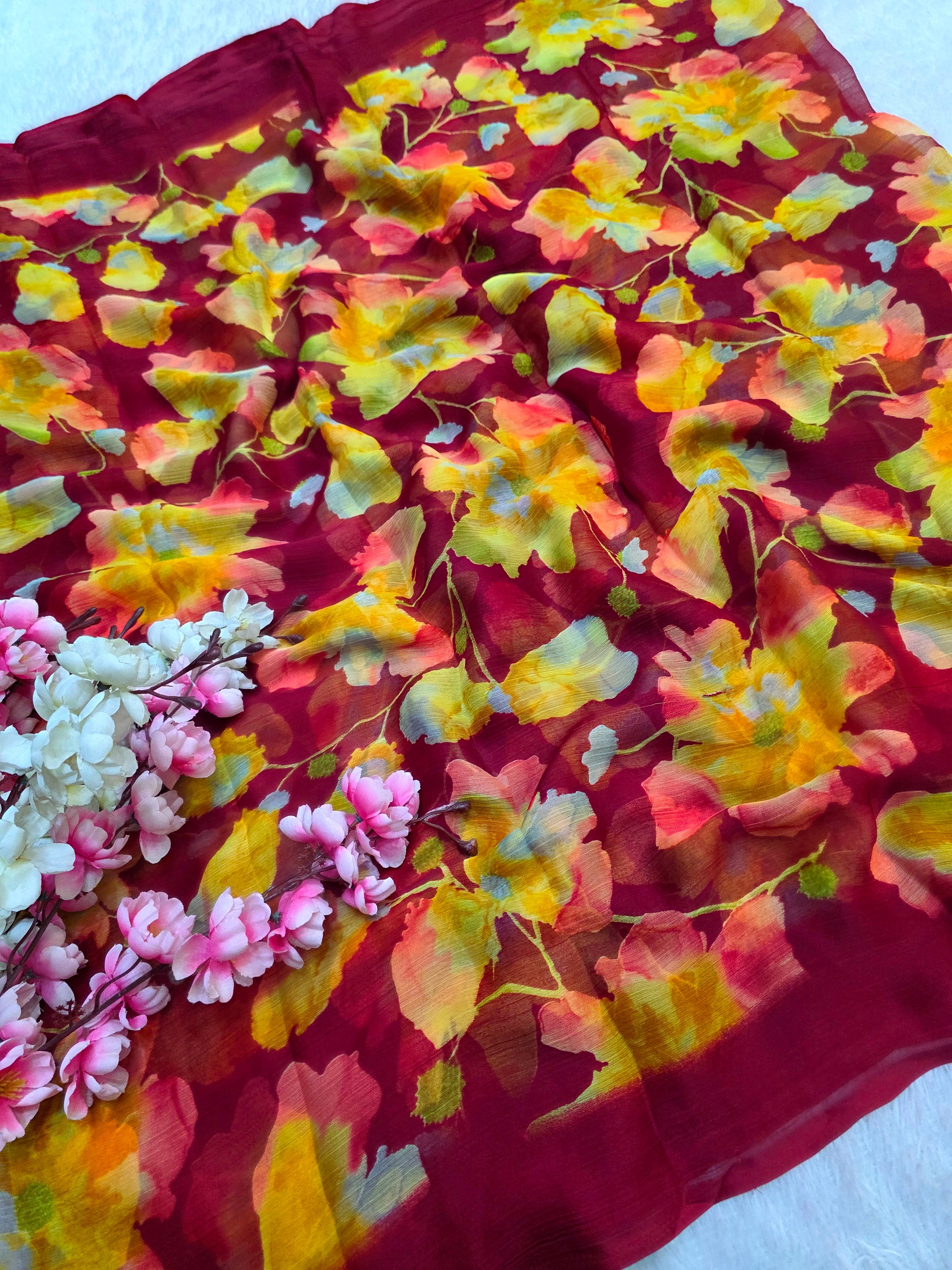 644001 एक्सक्लूसिव शिफॉन फ्लावर प्रिंट साड़ी - हरा 