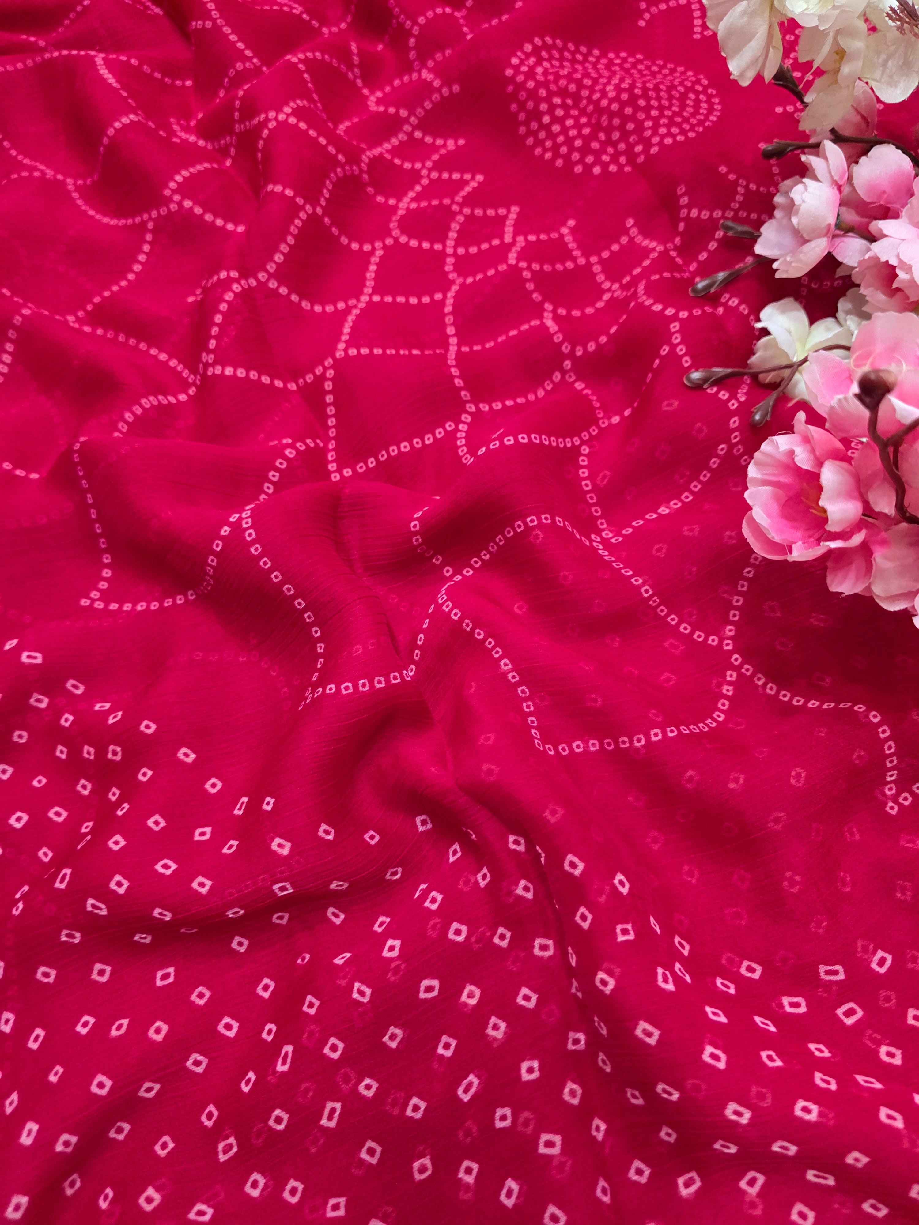 853004 Very Soft and Lightweight Semi Chiffon Bandhani Saree - Rani