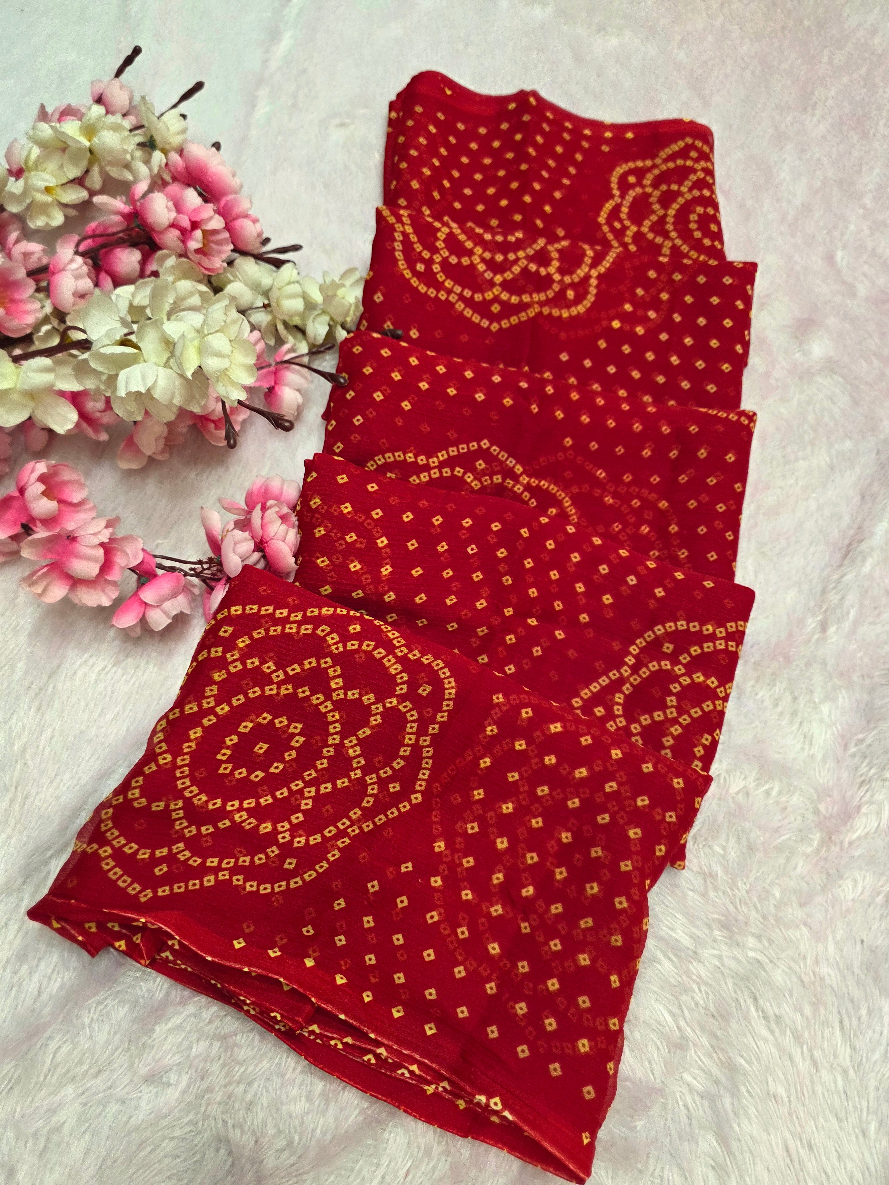 853001 Very Soft and Lightweight Semi Chiffon Bandhani Saree -Red