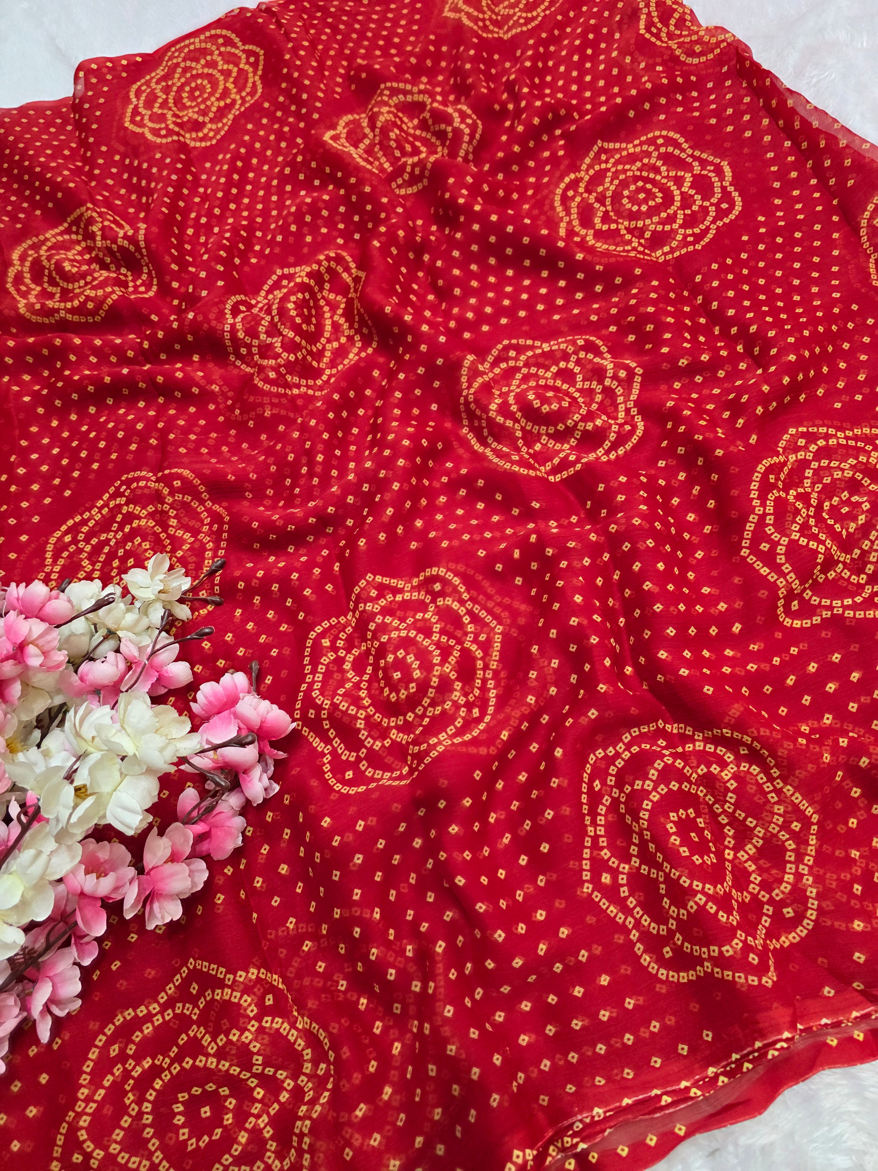 853001 Very Soft and Lightweight Semi Chiffon Bandhani Saree -Red
