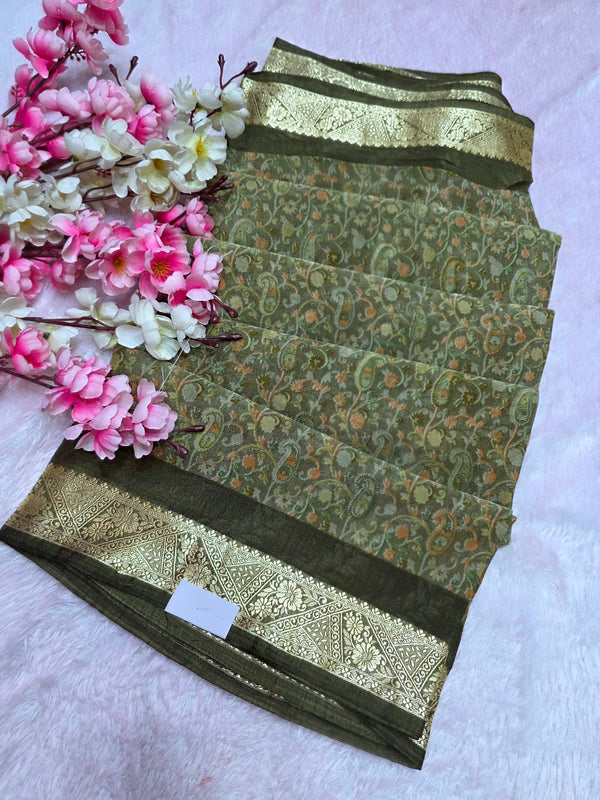 854002 Traditional Kashmiri Print Georgette Silk Saree With Zari Border - Mehandi