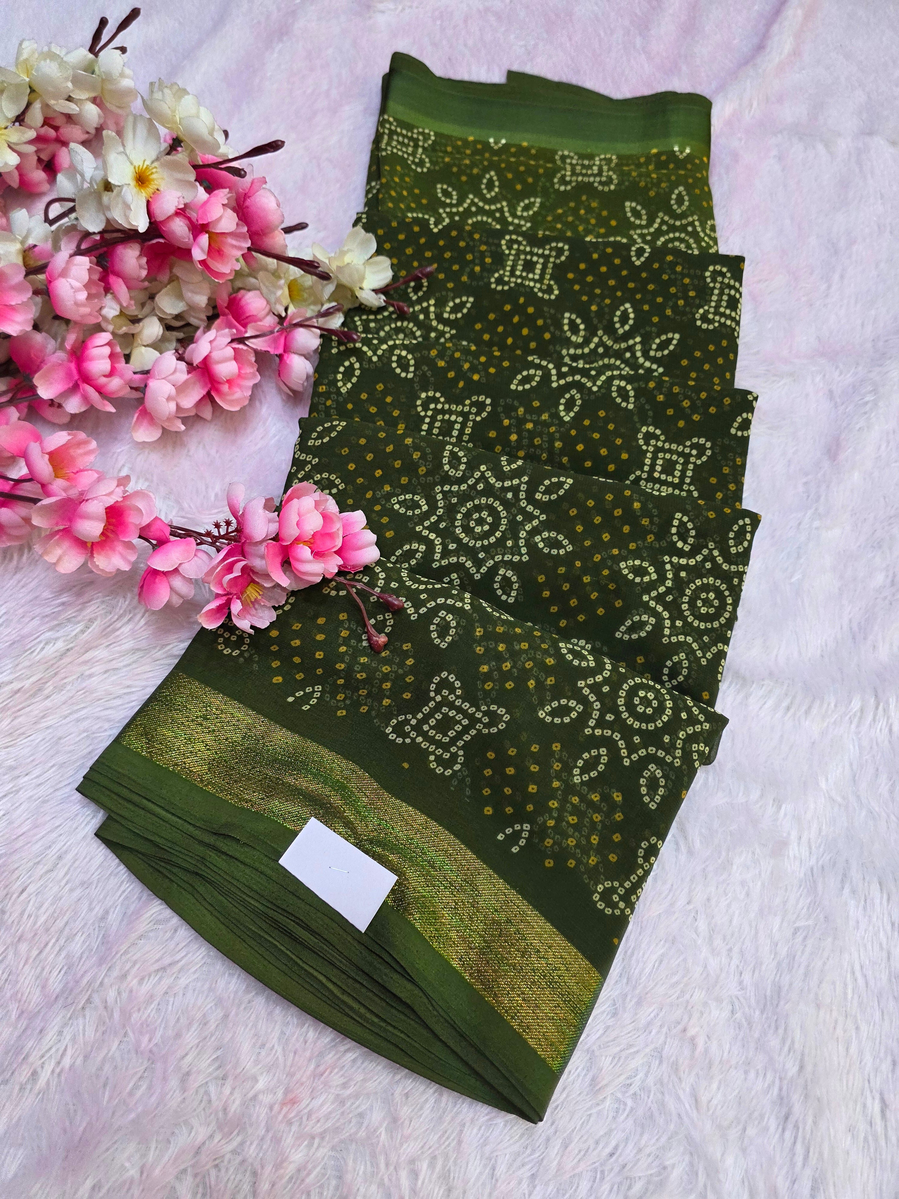 854003 Traditional Rajasthani Bandhani Saree With Zari and Satin Border - Mehandi Green