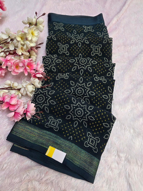 854003 Traditional Rajasthani Bandhani Saree With Zari and Satin Border - Dark Blue