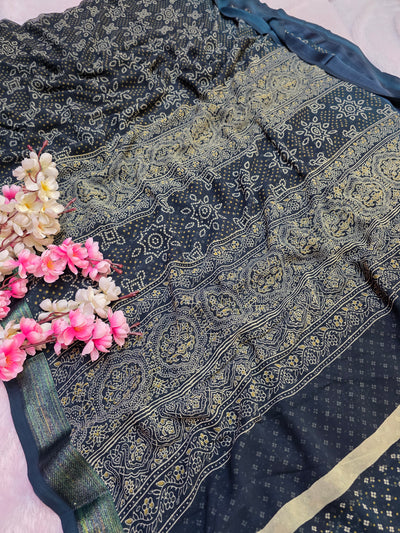 854003 Traditional Rajasthani Bandhani Saree With Zari and Satin Border - Dark Blue