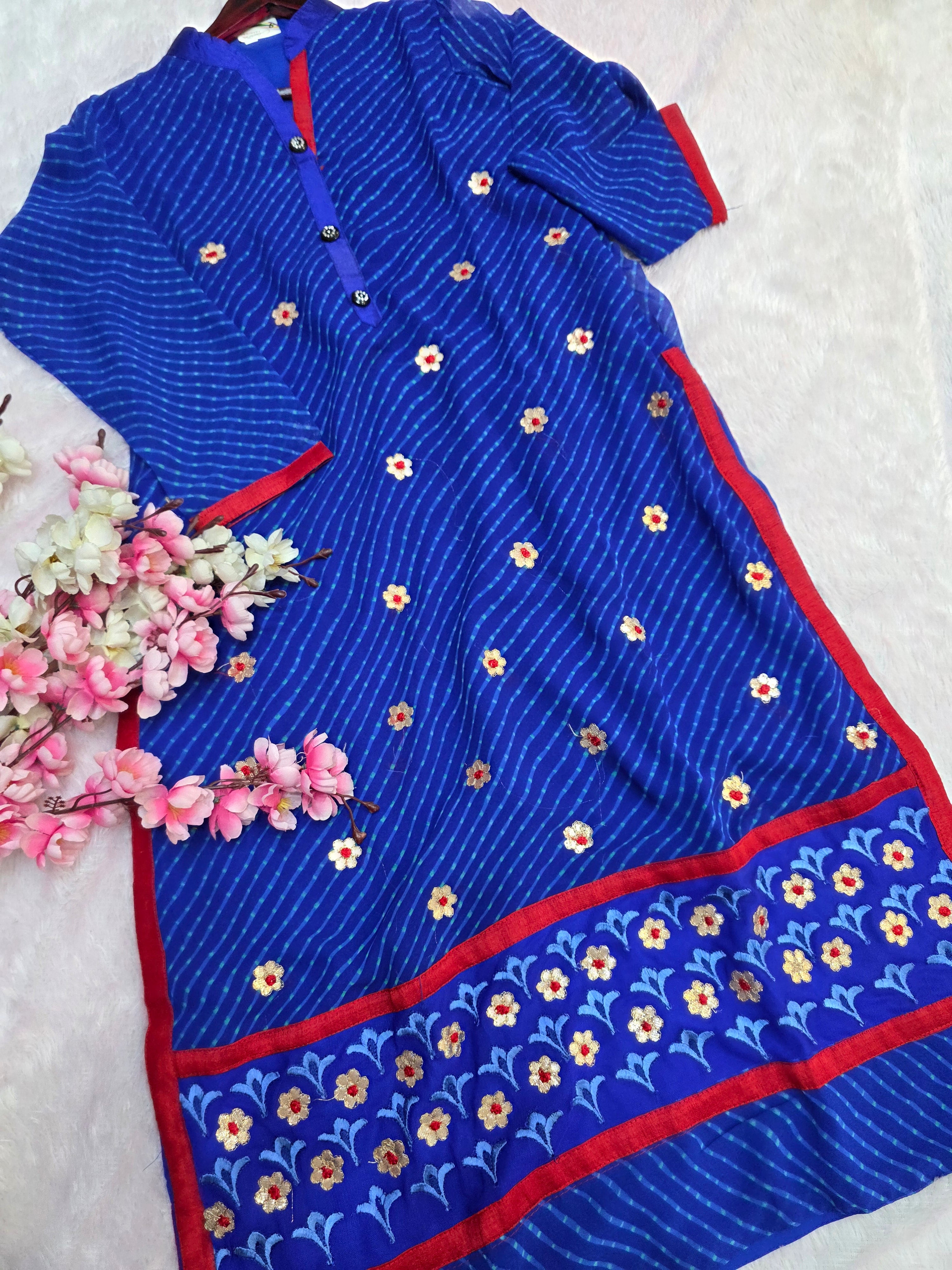 867006 Traditional Mothra Lehriya Straight Kurti with Gota Patti and Embroidery Work