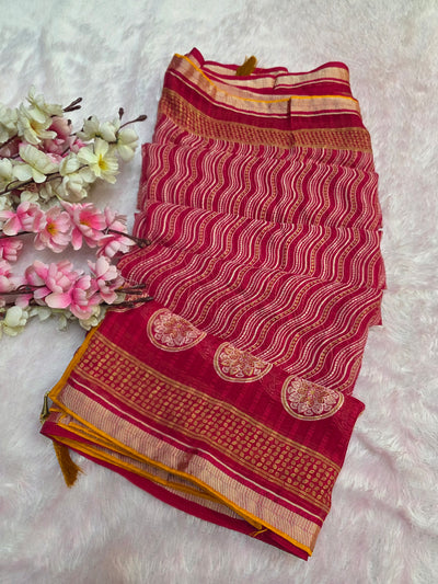 871002 Traditional Chiffon Lehriya Saree with Ajrakh Pallu - Rani