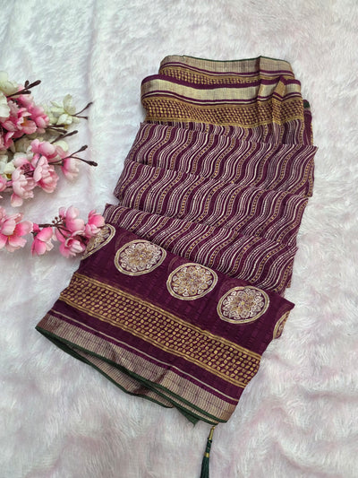 871002 Traditional Chiffon Lehriya Saree with Ajrakh Pallu - Wine