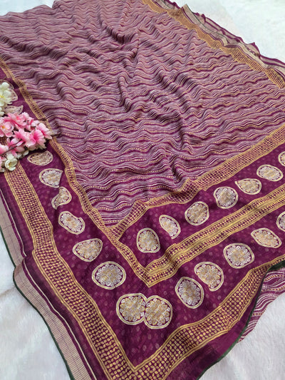 871002 Traditional Chiffon Lehriya Saree with Ajrakh Pallu - Wine