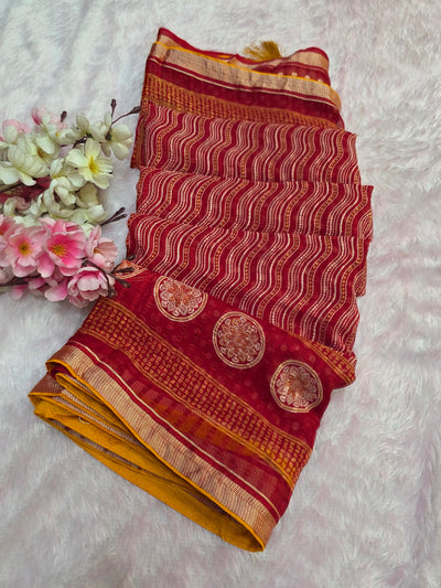 871002 Traditional Chiffon Lehriya Saree with Ajrakh Pallu - Red