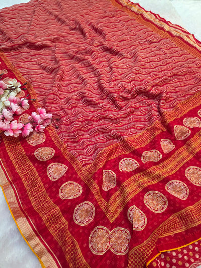 871002 Traditional Chiffon Lehriya Saree with Ajrakh Pallu - Red