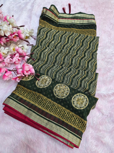 871002 Traditional Chiffon Lehriya Saree with Ajrakh Pallu - Green
