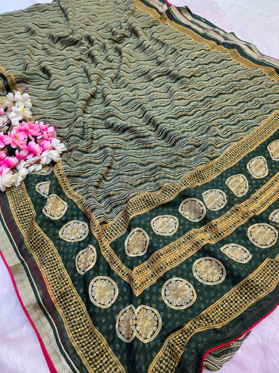 871002 Traditional Chiffon Lehriya Saree with Ajrakh Pallu - Green