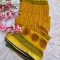 871002 Traditional Chiffon Lehriya Saree with Ajrakh Pallu - Yellow
