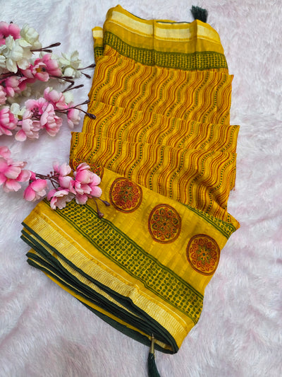 871002 Traditional Chiffon Lehriya Saree with Ajrakh Pallu - Yellow