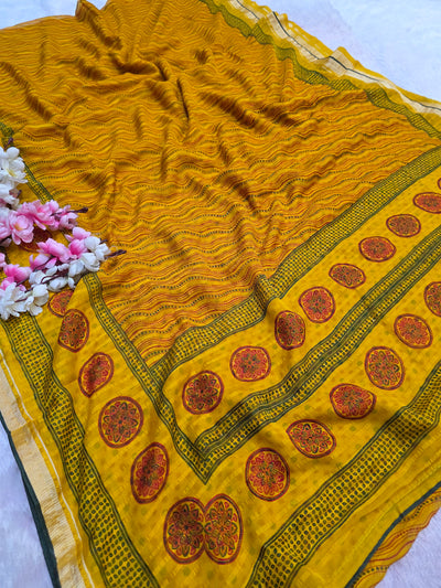 871002 Traditional Chiffon Lehriya Saree with Ajrakh Pallu - Yellow