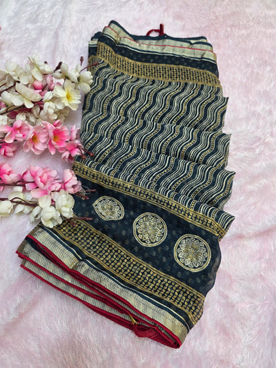 871002 Traditional Chiffon Lehriya Saree with Ajrakh Pallu - Blue