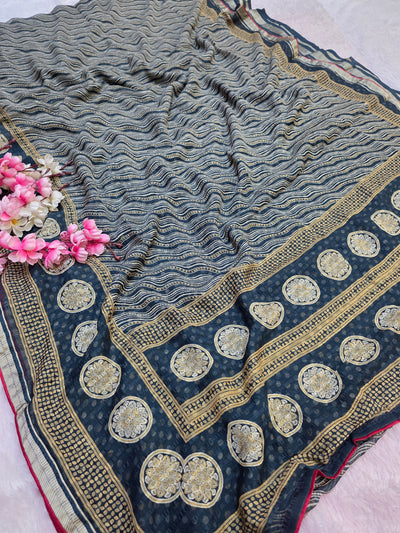 871002 Traditional Chiffon Lehriya Saree with Ajrakh Pallu - Blue