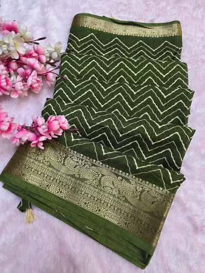871001 Traditional Zig Zag Lehriya Saree with Ajrakh Pallu - Green