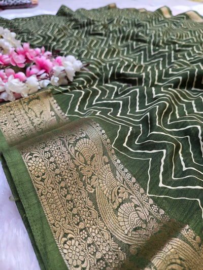 871001 Traditional Zig Zag Lehriya Saree with Ajrakh Pallu - Green