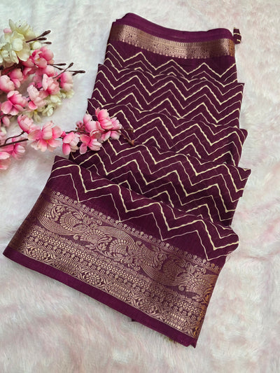 871001 Traditional Zig Zag Lehriya Saree with Ajrakh Pallu - Wine