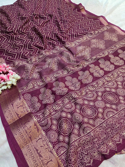 871001 Traditional Zig Zag Lehriya Saree with Ajrakh Pallu - Wine