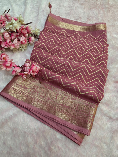 871001 Traditional Zig Zag Lehriya Saree with Ajrakh Pallu - Pink
