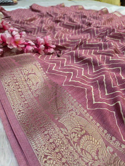 871001 Traditional Zig Zag Lehriya Saree with Ajrakh Pallu - Pink