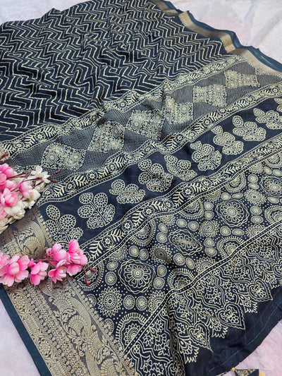 871001 Traditional Zig Zag Lehriya Saree with Ajrakh Pallu - Blue