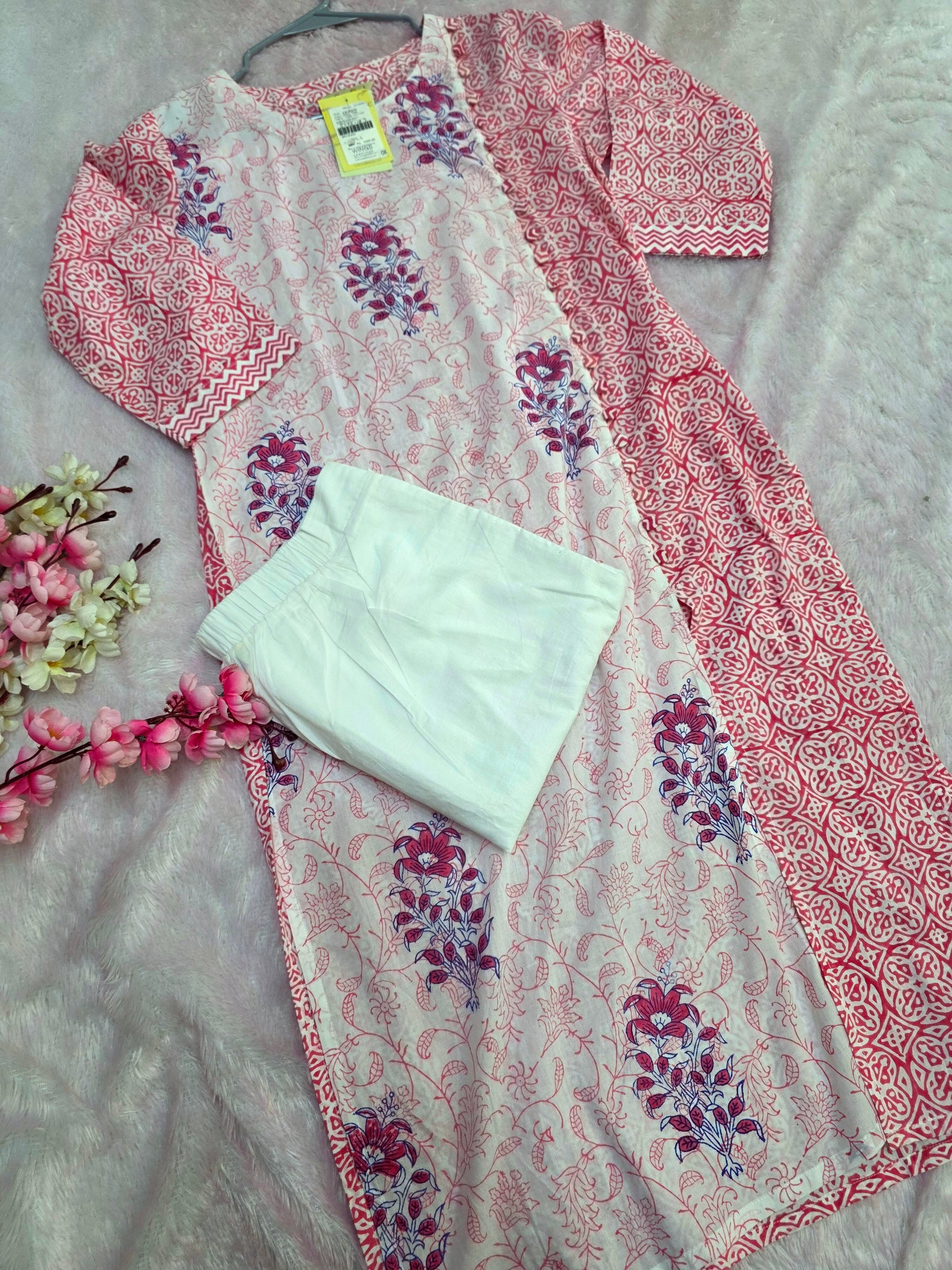 875004 Pure Cotton Hand Block Print Kurti with Straight Plazzo