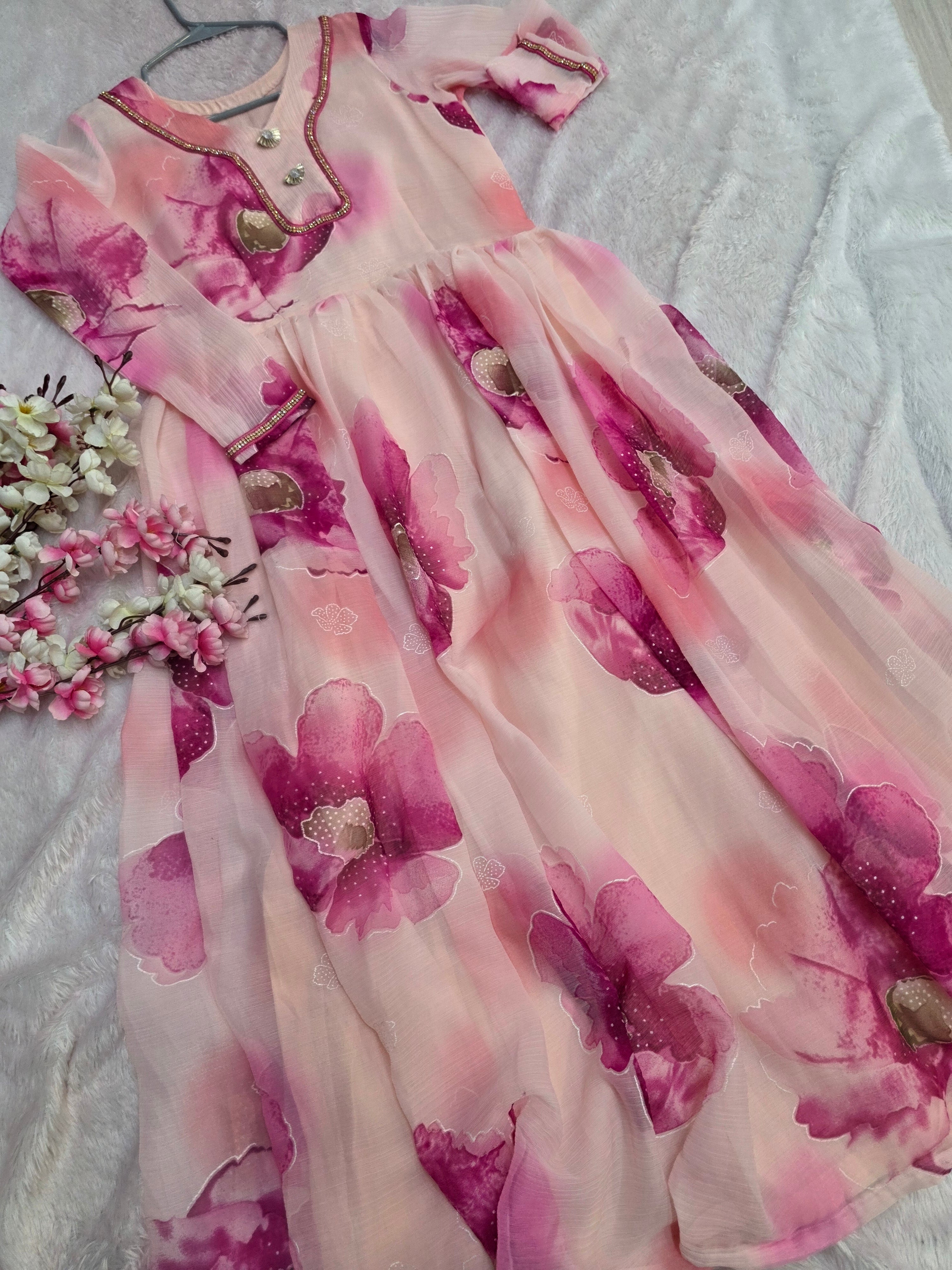 875001 Soft Semi Chiffon Long Gown Flower Printed Kurti