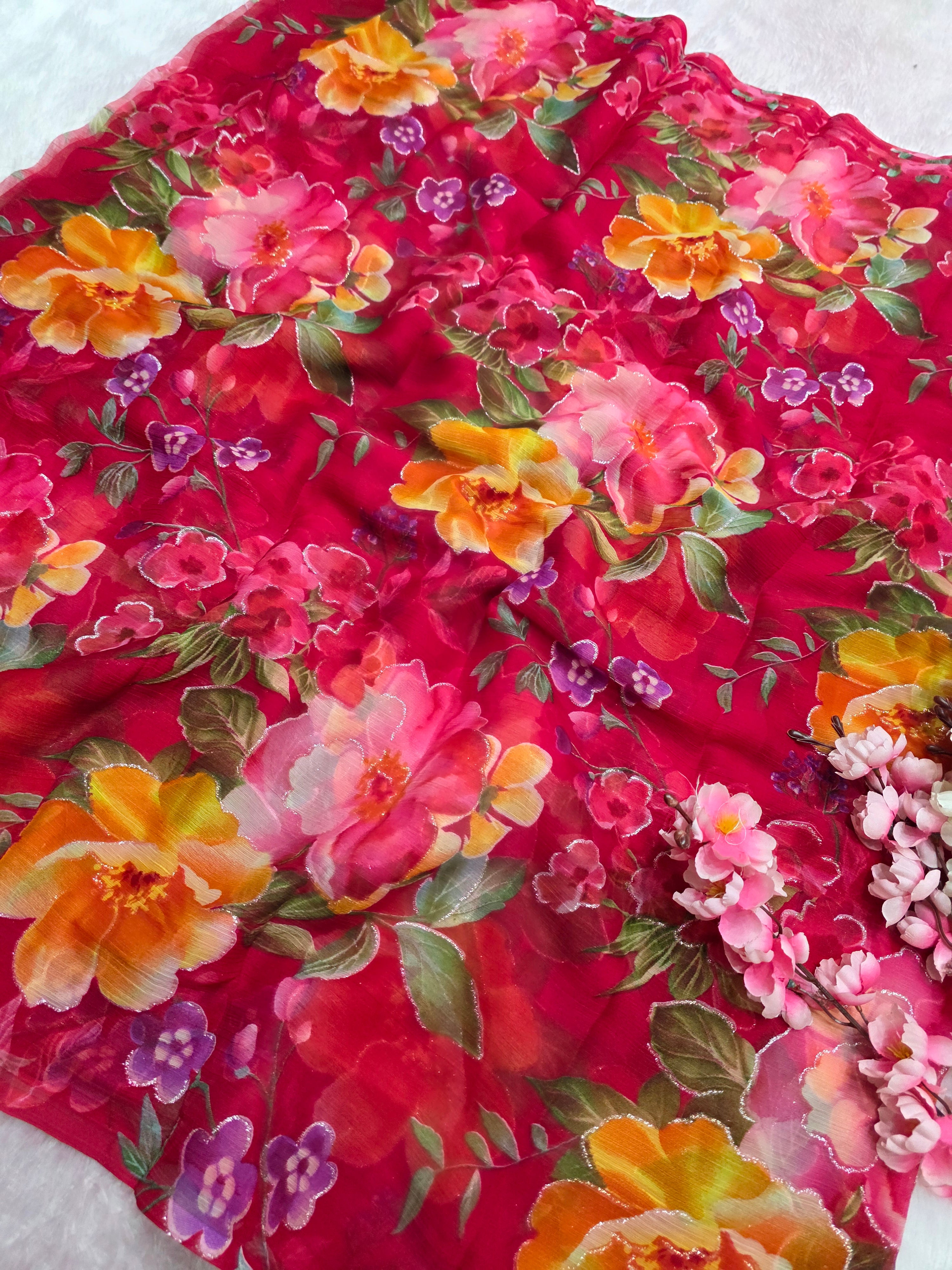 644001 एक्सक्लूसिव शिफॉन फ्लावर प्रिंट साड़ी - हरा 