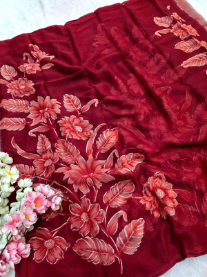 991003 Lightweight Elegant Semi Chiffon Flower Print Saree with Zari Print - Maroon