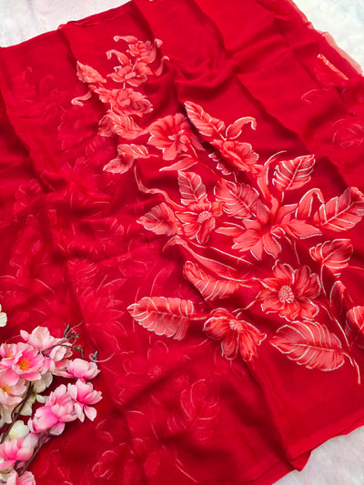 881005 Lightweight Elegant Semi Chiffon Flower Print Saree with Zari Print - Red