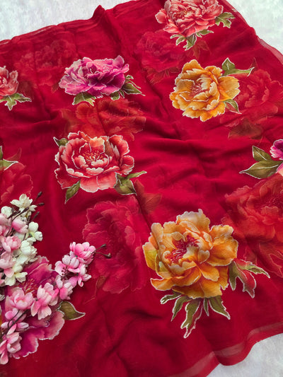 881007 Lightweight Elegant Semi Chiffon Flower Print Saree with Zari Print - Red