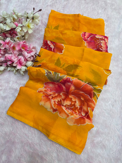881007 Lightweight Elegant Semi Chiffon Flower Print Saree with Zari Print - Yellow