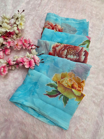 881007 Lightweight Elegant Semi Chiffon Flower Print Saree with Zari Print - Sky Blue