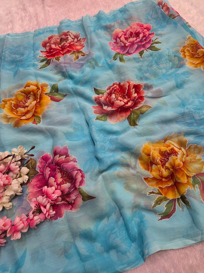 881007 Lightweight Elegant Semi Chiffon Flower Print Saree with Zari Print - Sky Blue