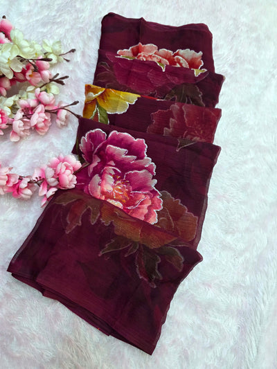 881007 Lightweight Elegant Semi Chiffon Flower Print Saree with Zari Print - Wine