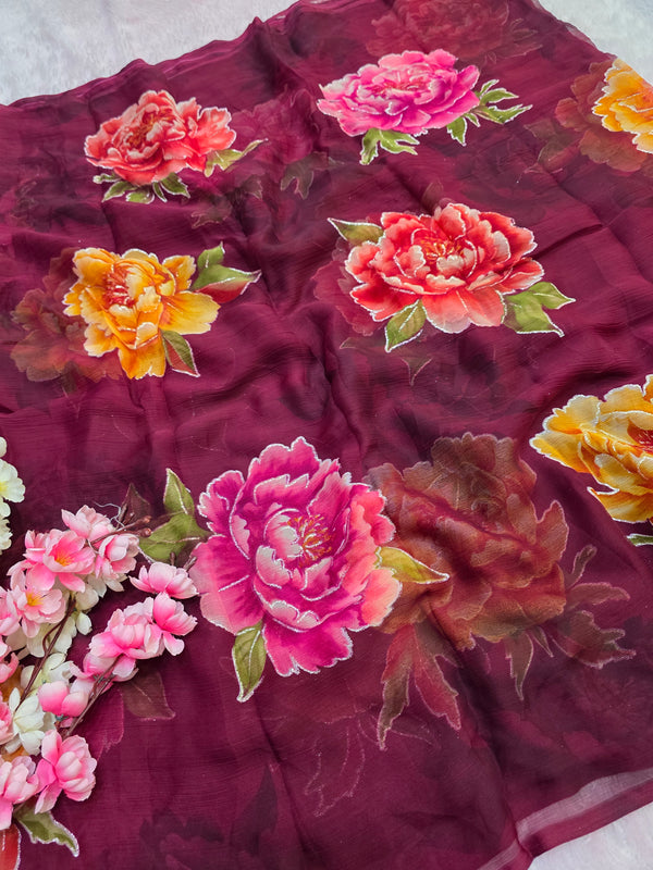 881007 Lightweight Elegant Semi Chiffon Flower Print Saree with Zari Print - Wine