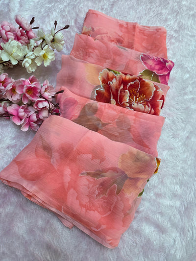 881007 Lightweight Elegant Semi Chiffon Flower Print Saree with Zari Print - Pink