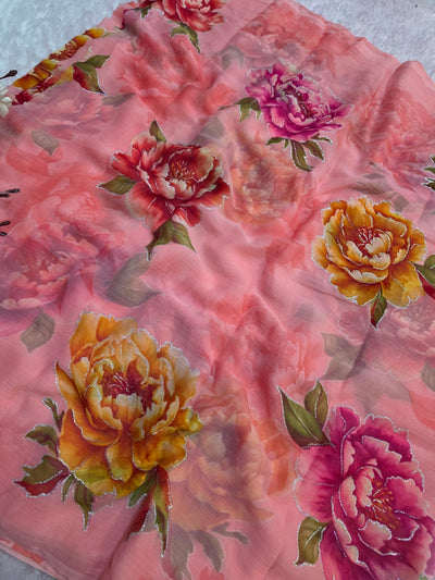 881007 Lightweight Elegant Semi Chiffon Flower Print Saree with Zari Print - Pink