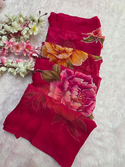 881007 Lightweight Elegant Semi Chiffon Flower Print Saree with Zari Print - Rani