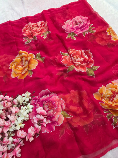 881007 Lightweight Elegant Semi Chiffon Flower Print Saree with Zari Print - Rani