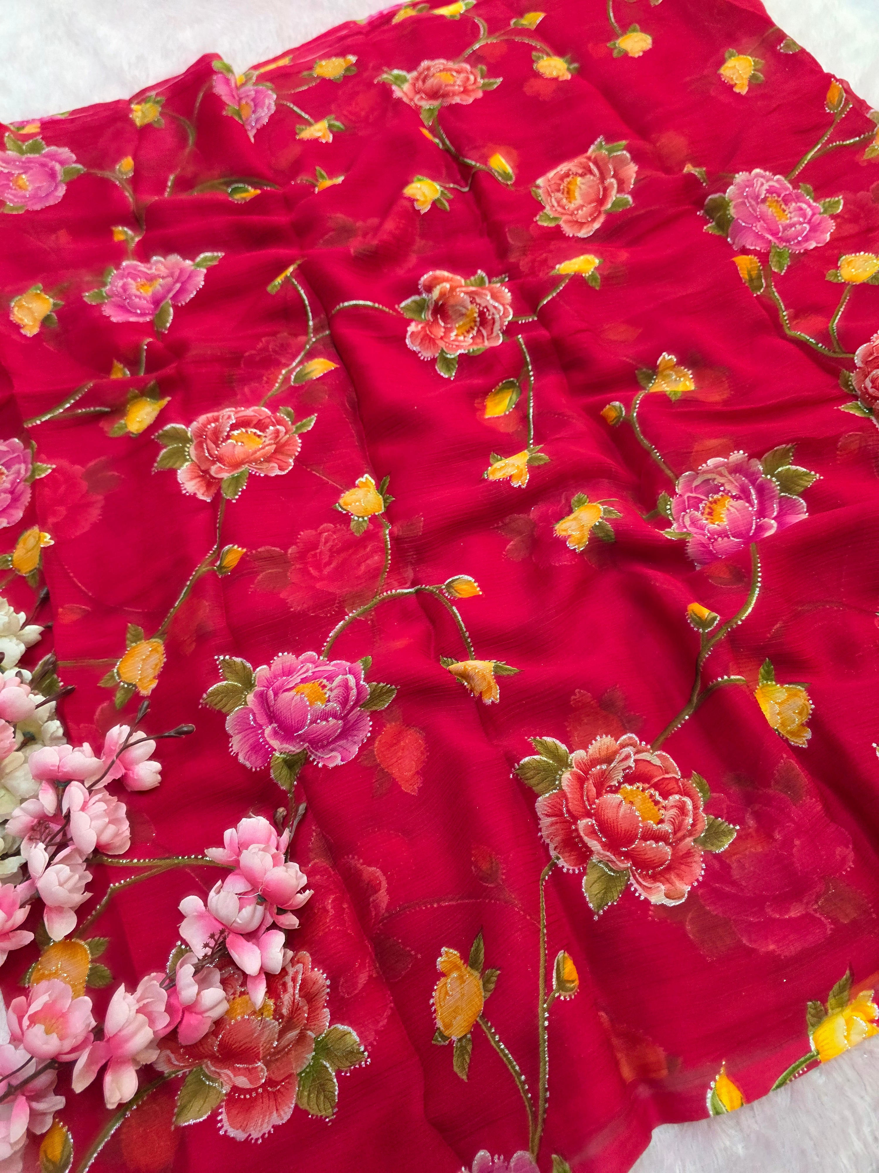 644001 एक्सक्लूसिव शिफॉन फ्लावर प्रिंट साड़ी - हरा 