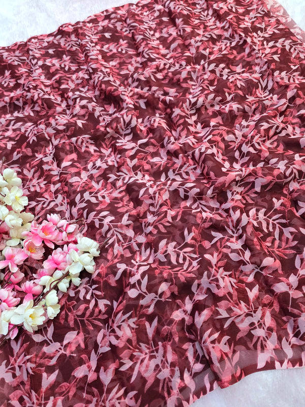 881008 Lightweight Elegant Semi Chiffon Flower Print Saree - Maroon