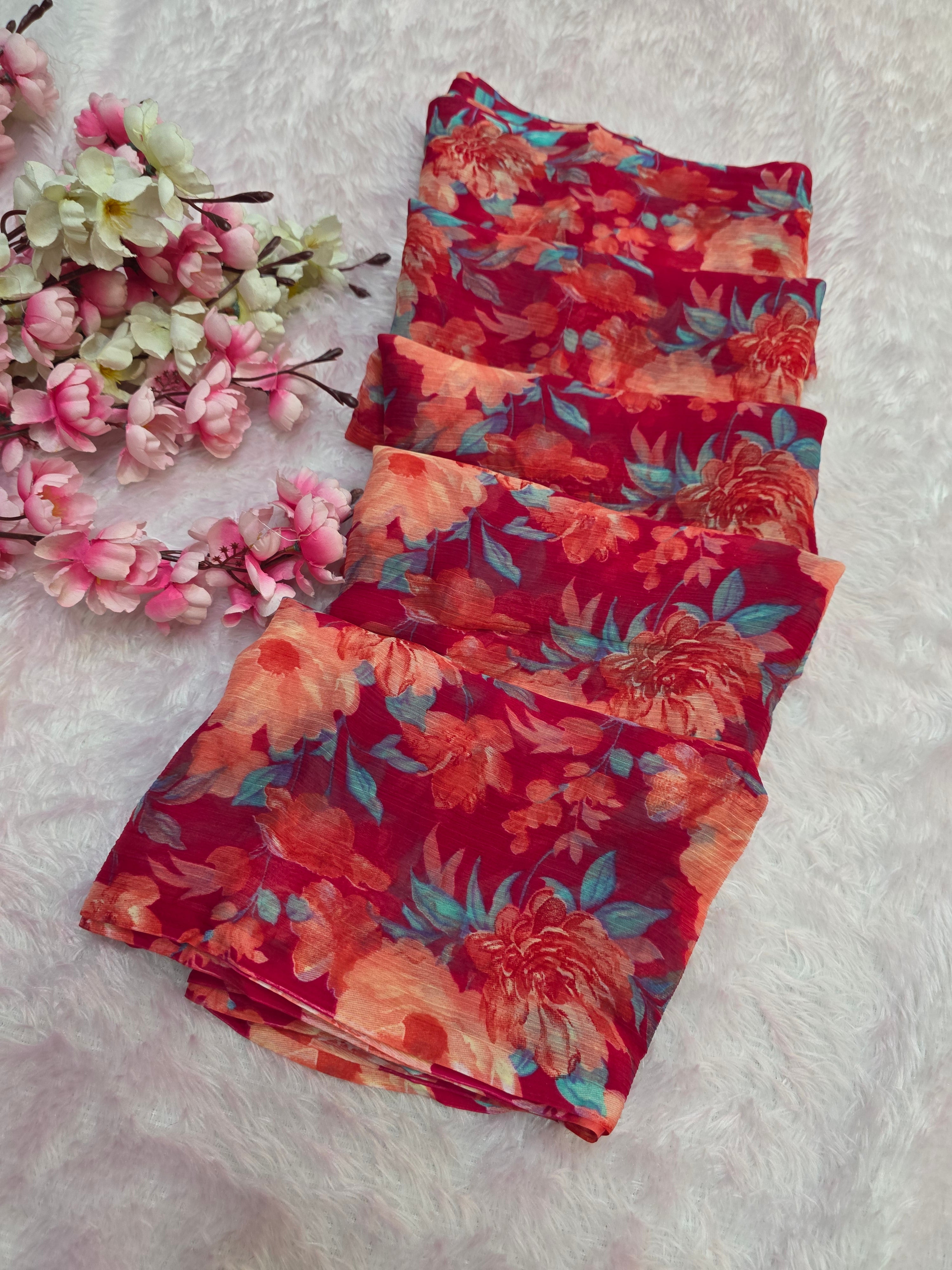 644001 एक्सक्लूसिव शिफॉन फ्लावर प्रिंट साड़ी - हरा 