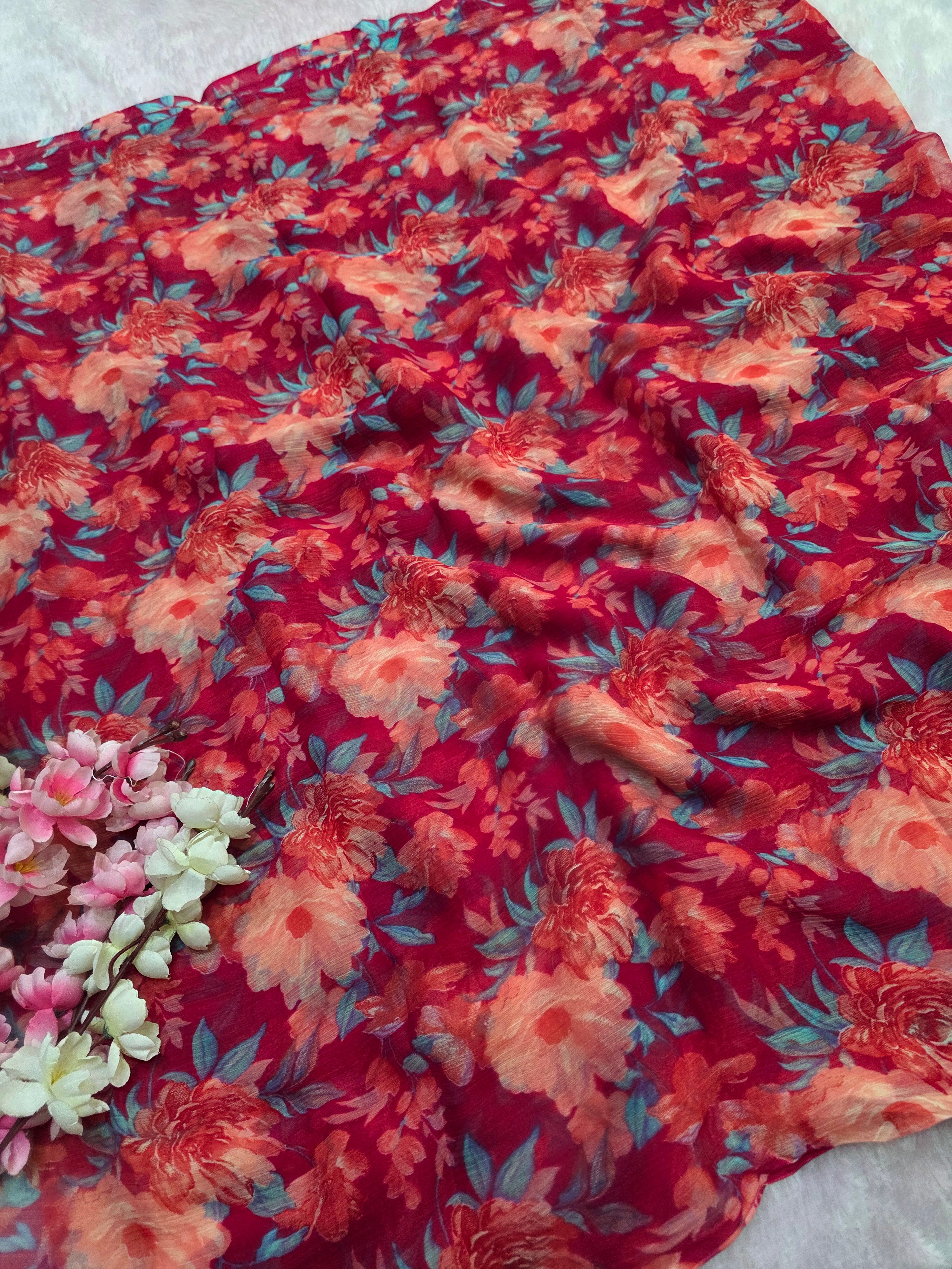 644001 एक्सक्लूसिव शिफॉन फ्लावर प्रिंट साड़ी - हरा 