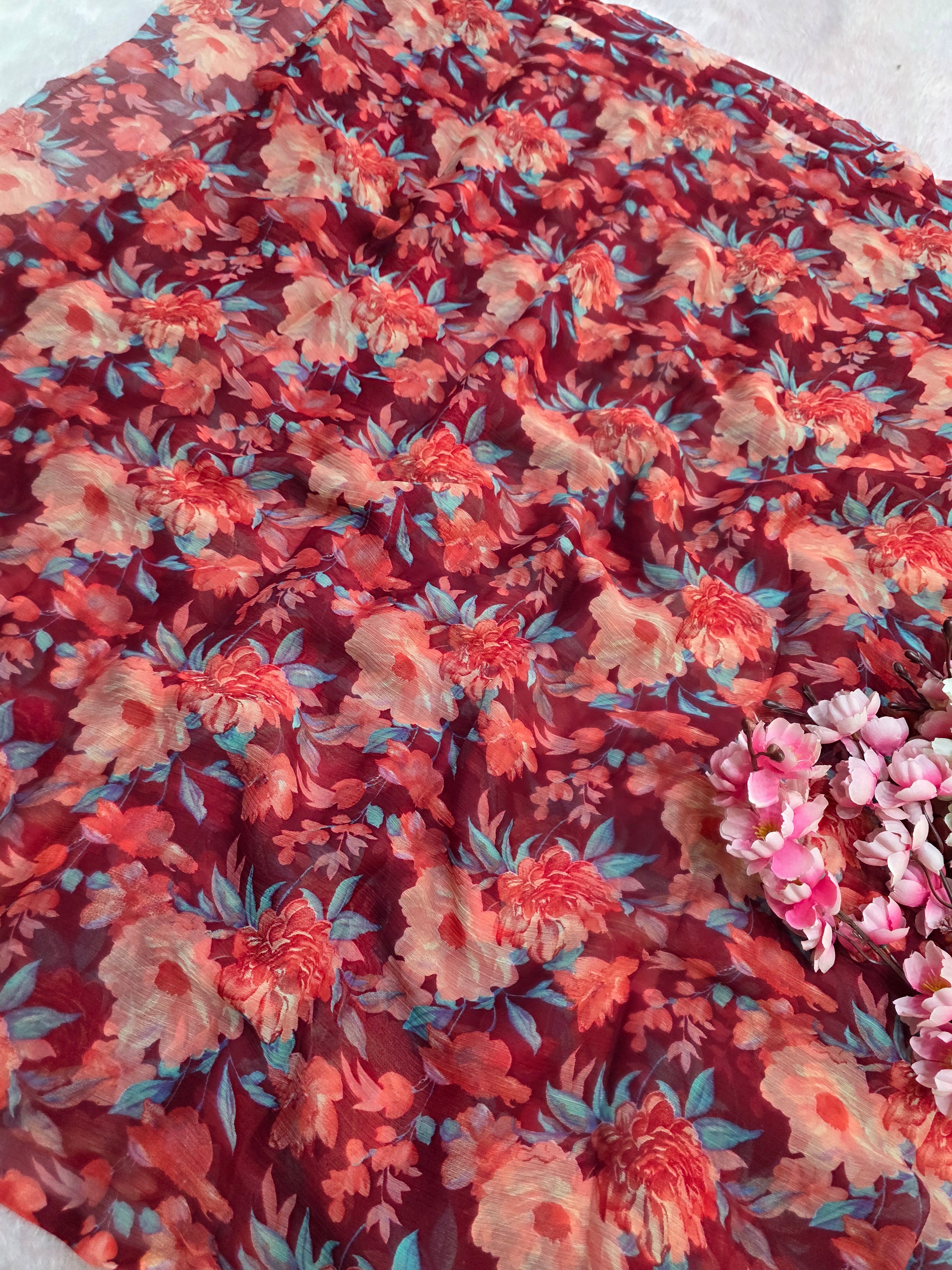 644001 एक्सक्लूसिव शिफॉन फ्लावर प्रिंट साड़ी - हरा 