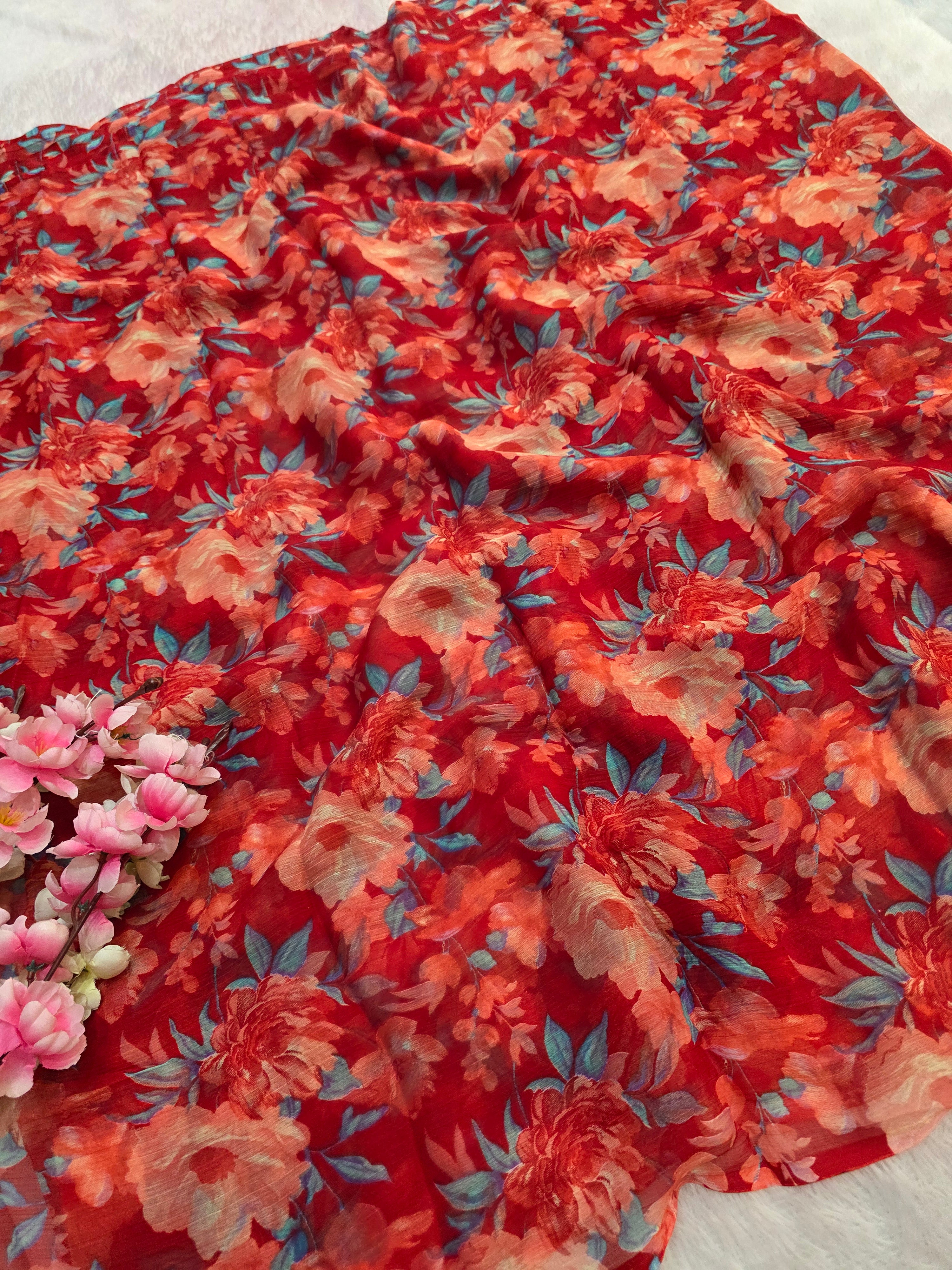 644001 एक्सक्लूसिव शिफॉन फ्लावर प्रिंट साड़ी - हरा 