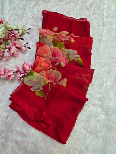 881007 Lightweight Elegant Semi Chiffon Flower Print Saree with Zari Print - Red